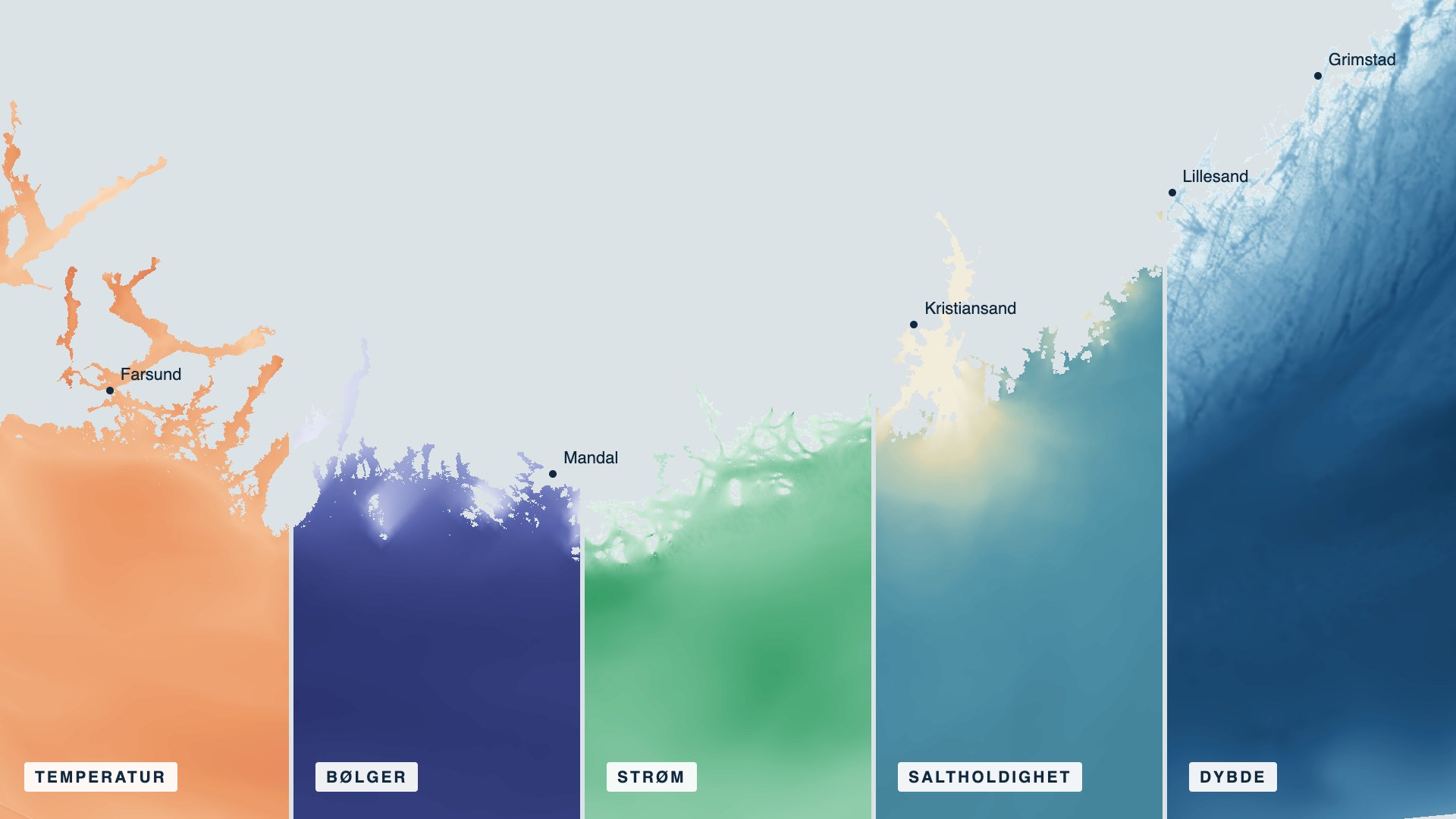 Agderkysten fra Farsund til Grimstad, delt i fem bånd som viser NIVAs datalag for temperatur, bølger, strøm, saltholdighet og dybde.