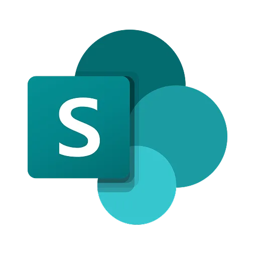 Microsoft SharePoint logo with a white 'S' on a teal square and overlapping teal circles in the background.