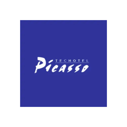 Techotel Picasso logo with white text on a blue background.