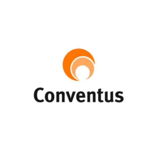 Conventus company logo with abstract orange circular design above the name.