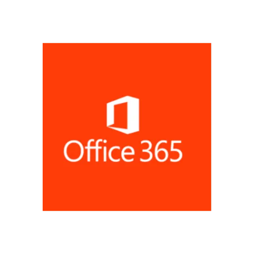Microsoft Office 365 logo with white text and icon on an orange background.