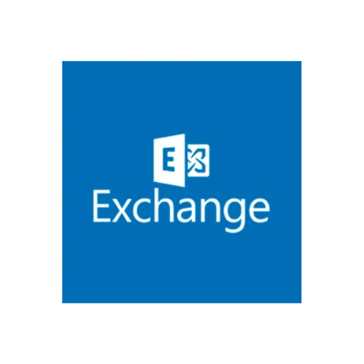 Microsoft Exchange logo with stylized E and mail icons on a blue background.