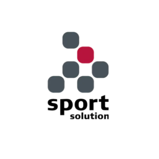 Logo with five rounded squares arranged in an upward arrow shape, one square in red and four in dark gray, above the text 'sport solution'.