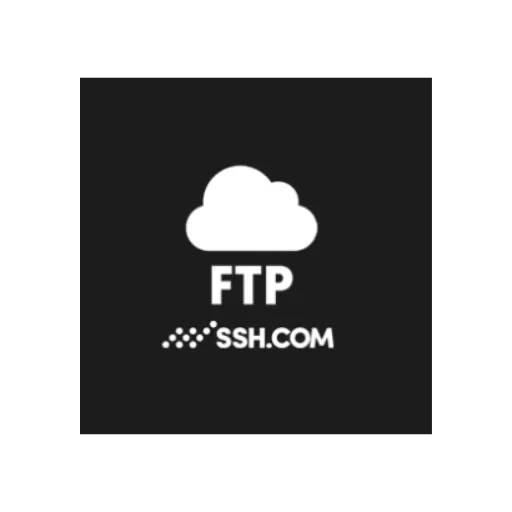 White cloud icon above the text 'FTP' and 'SSH.COM' on a black background.