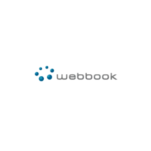 Webbook company logo with blue circular dots arranged in a partial arc to the left of the gray lowercase text 'webbook'.