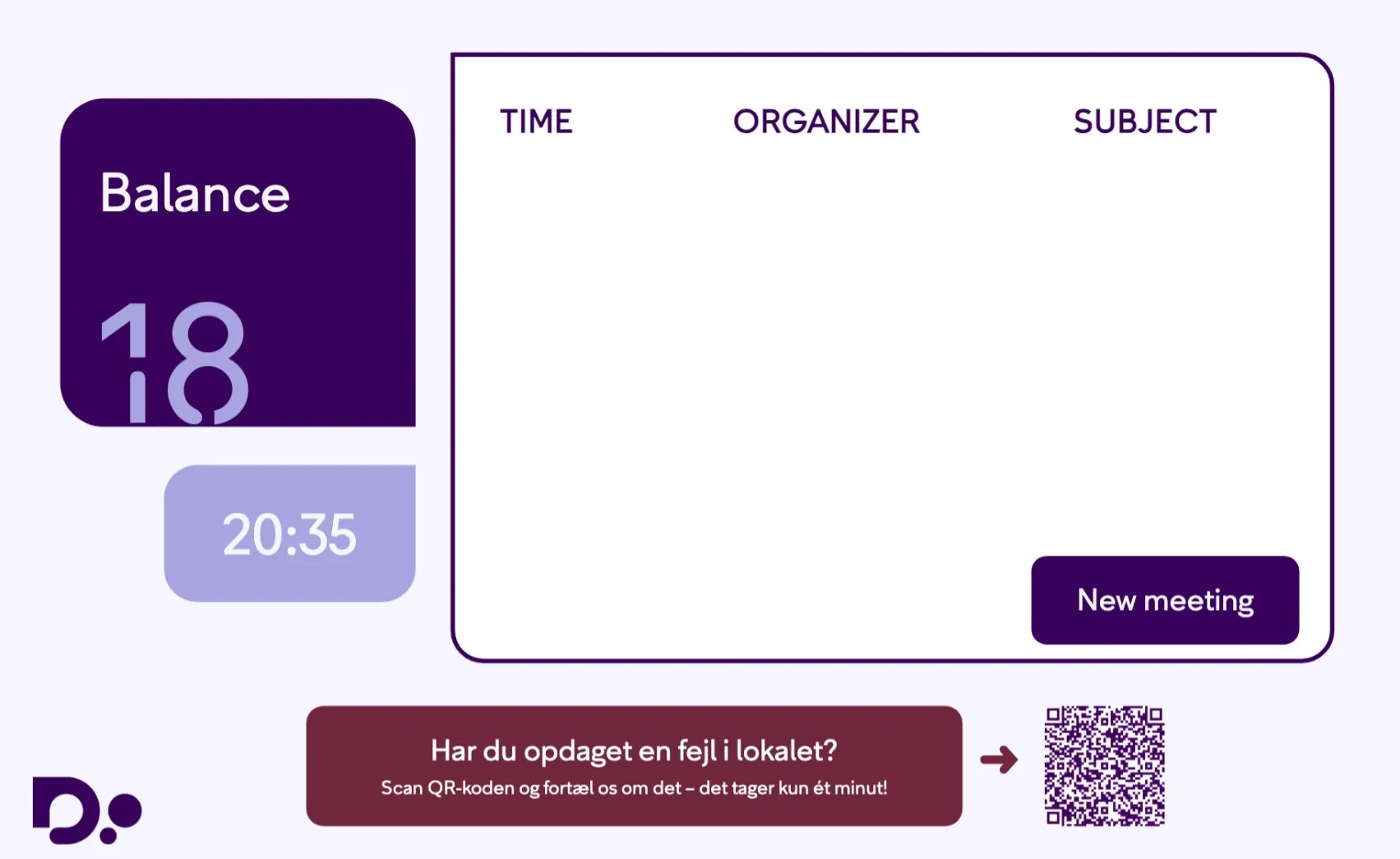 Digital meeting room balance display showing number 18, current time 20:35, and a button labeled New meeting, with an adjacent QR code and a Danish message about reporting room issues.