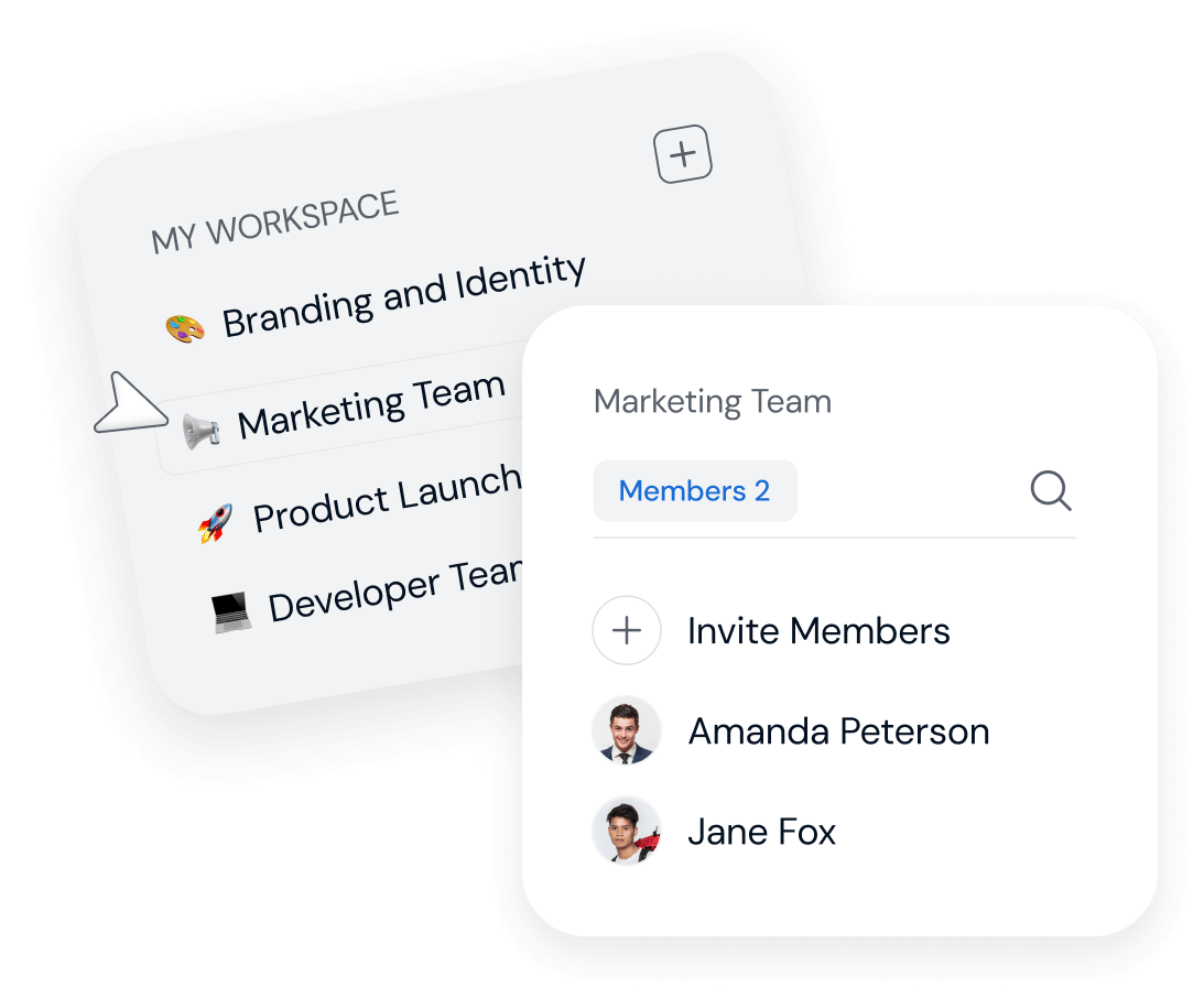Workspace menu showing teams: Branding and Identity, Marketing Team, Product Launch, Developer Team; Marketing Team members list with Amanda Peterson and Jane Fox and option to invite members.