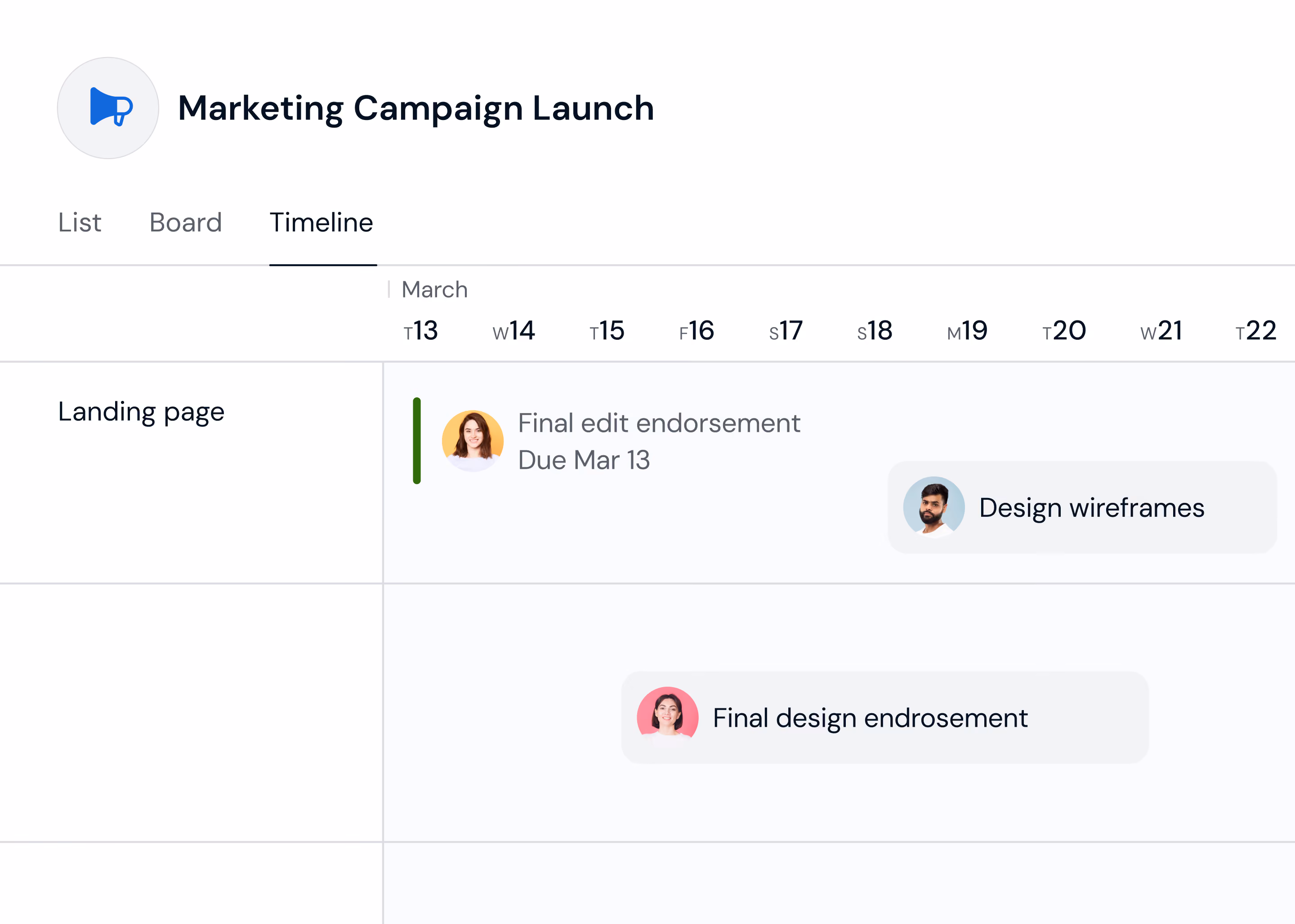 Timeline view of Marketing Campaign Launch showing tasks for Landing page: final edit endorsement due March 13, design wireframes on March 20, and final design endorsement.
