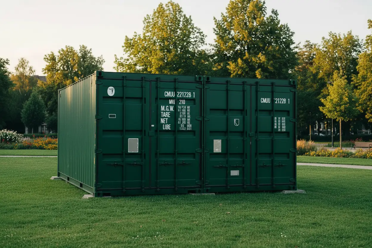 Zelený nákladní kontejner stojící na travnaté ploše v parku s okolními stromy a keři za soumraku.