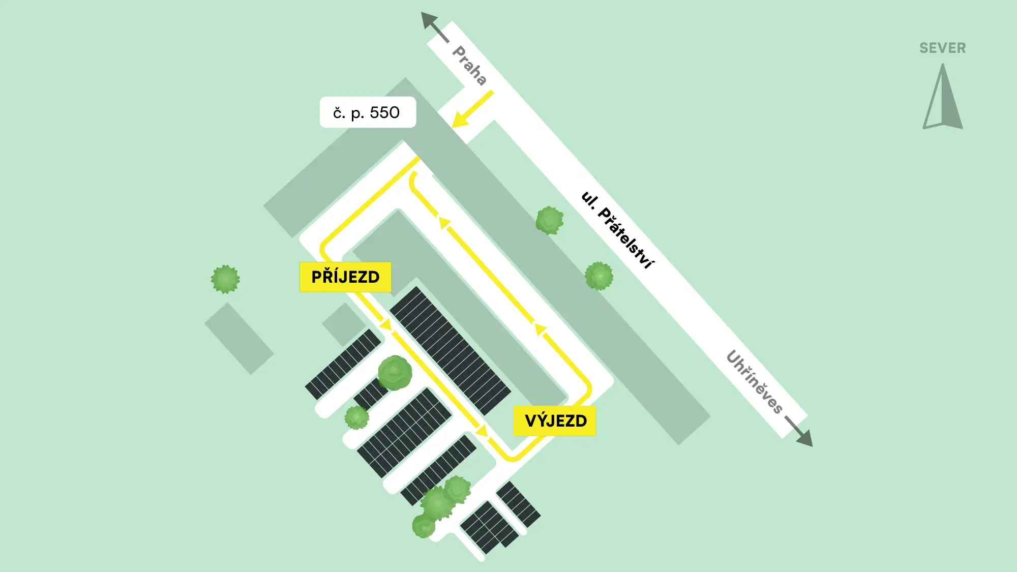 Plánek parkoviště s označenými směry příjezdu a výjezdu na ulici Přátelství v Uhříněvsi, se šipkami a dvěma žlutými označeními.