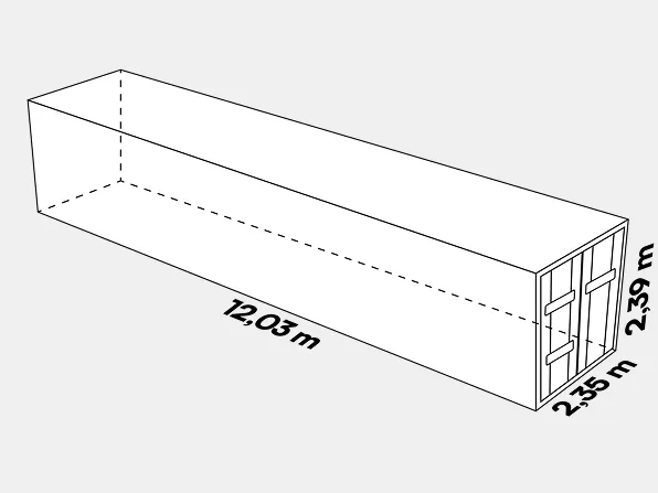 Ilustrace obdélníkového kontejneru s rozměry 12,03 m délka, 2,35 m šířka a 2,39 m výška.