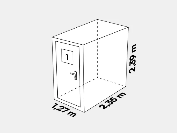 3D černobílý diagram ukazující skříň s dveřmi označenými číslem 1 a její rozměry: 1,27 m na šířku, 2,35 m na hloubku a 2,39 m na výšku.