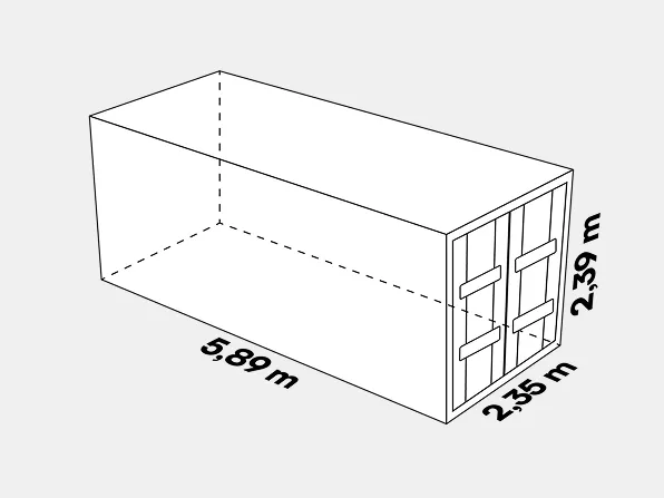 Kreslený schéma kontejneru s rozměry 5,89 m délka, 2,35 m šířka a 2,39 m výška.
