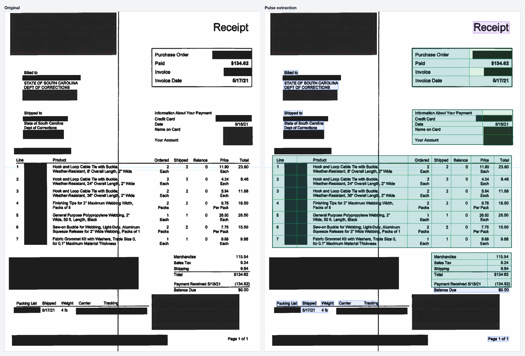 A redacted supplier receipt billed to a state agency, shown beside the same page with the Pulse extraction overlay marking every table cell and text block