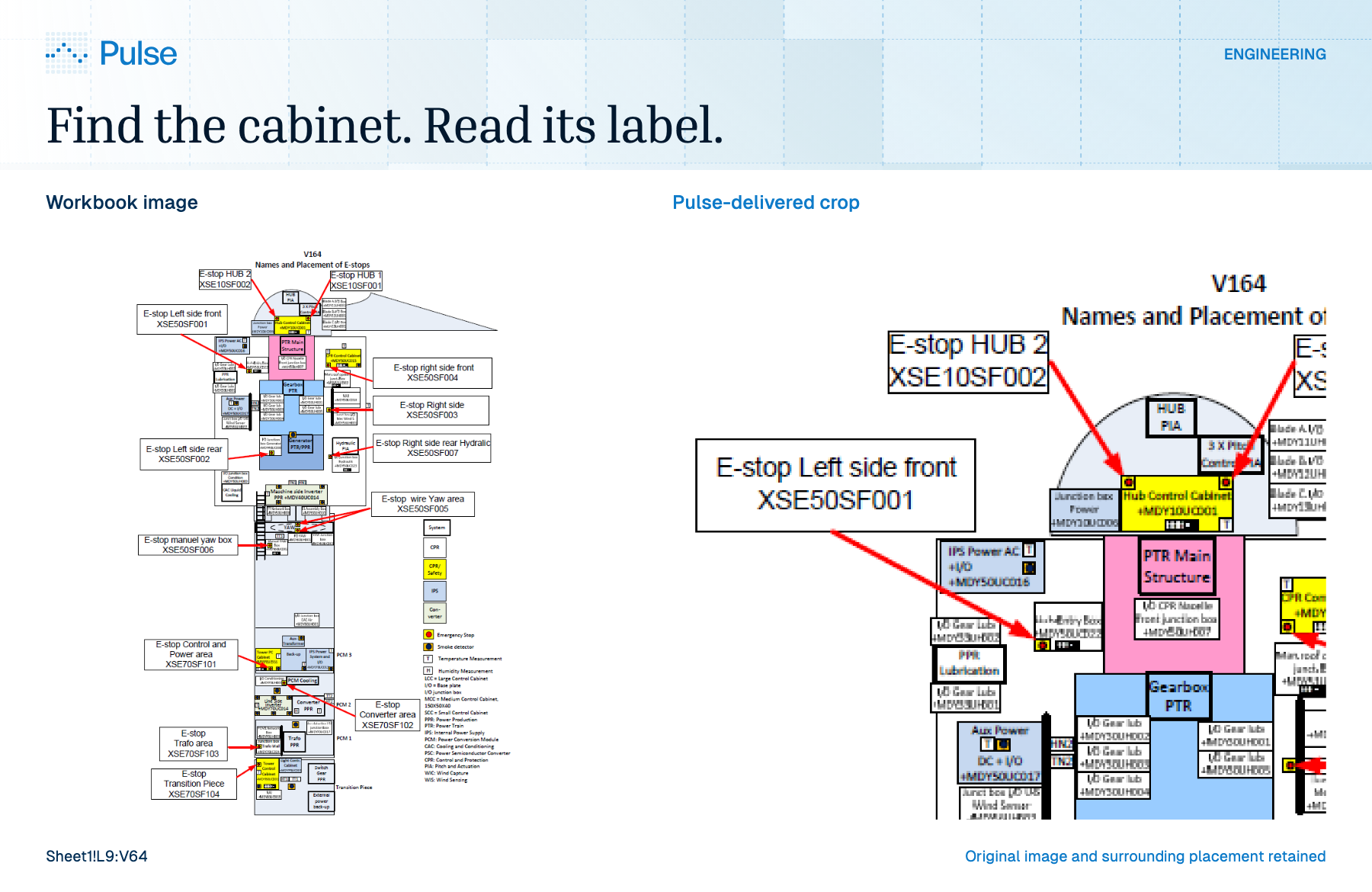 Public engineering diagram beside an actual Pulse-delivered crop preserving labels and source placement at Sheet1 L9 to V64.