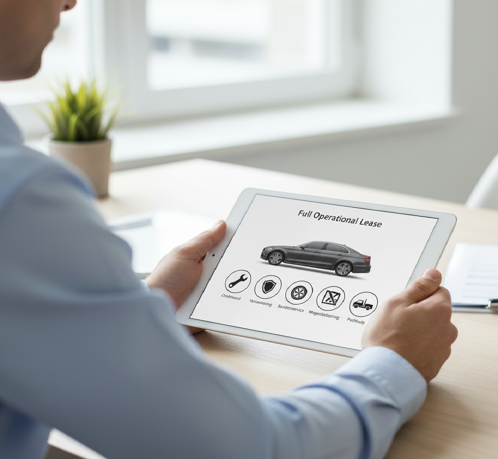 Meneer houdt een tablet vast met daarop informatie over Full operational lease