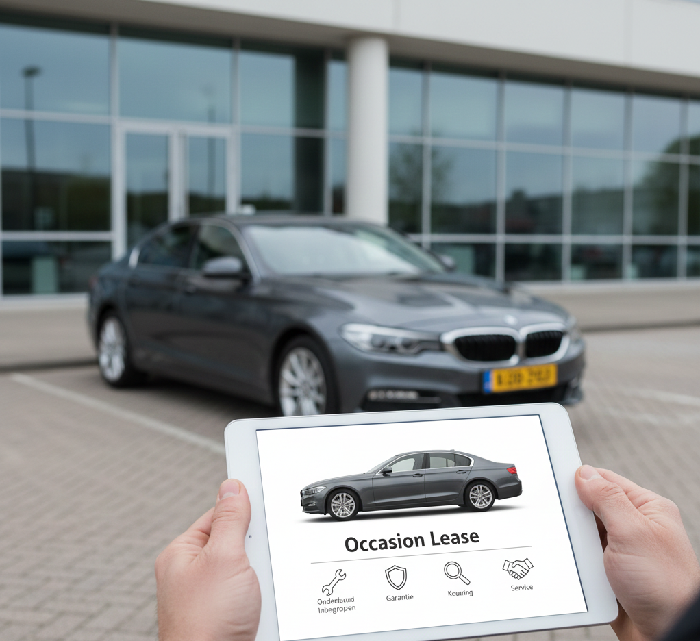 Tablet waarop ‘occasion lease’ wordt bekeken met op de achtergrond een grijze zakelijke leaseauto.