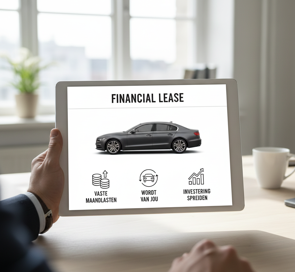 Meneer leest informatie op een tablet over Financial lease