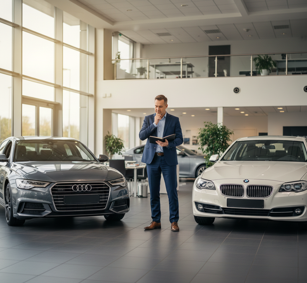 Ondernemer die twee leaseauto’s vergelijkt in een showroom.