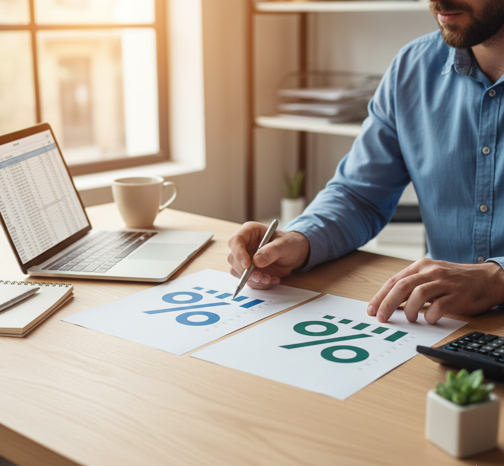 Ondernemer vergelijkt zakelijke lease­rentes aan de hand van grafieken op bureau.