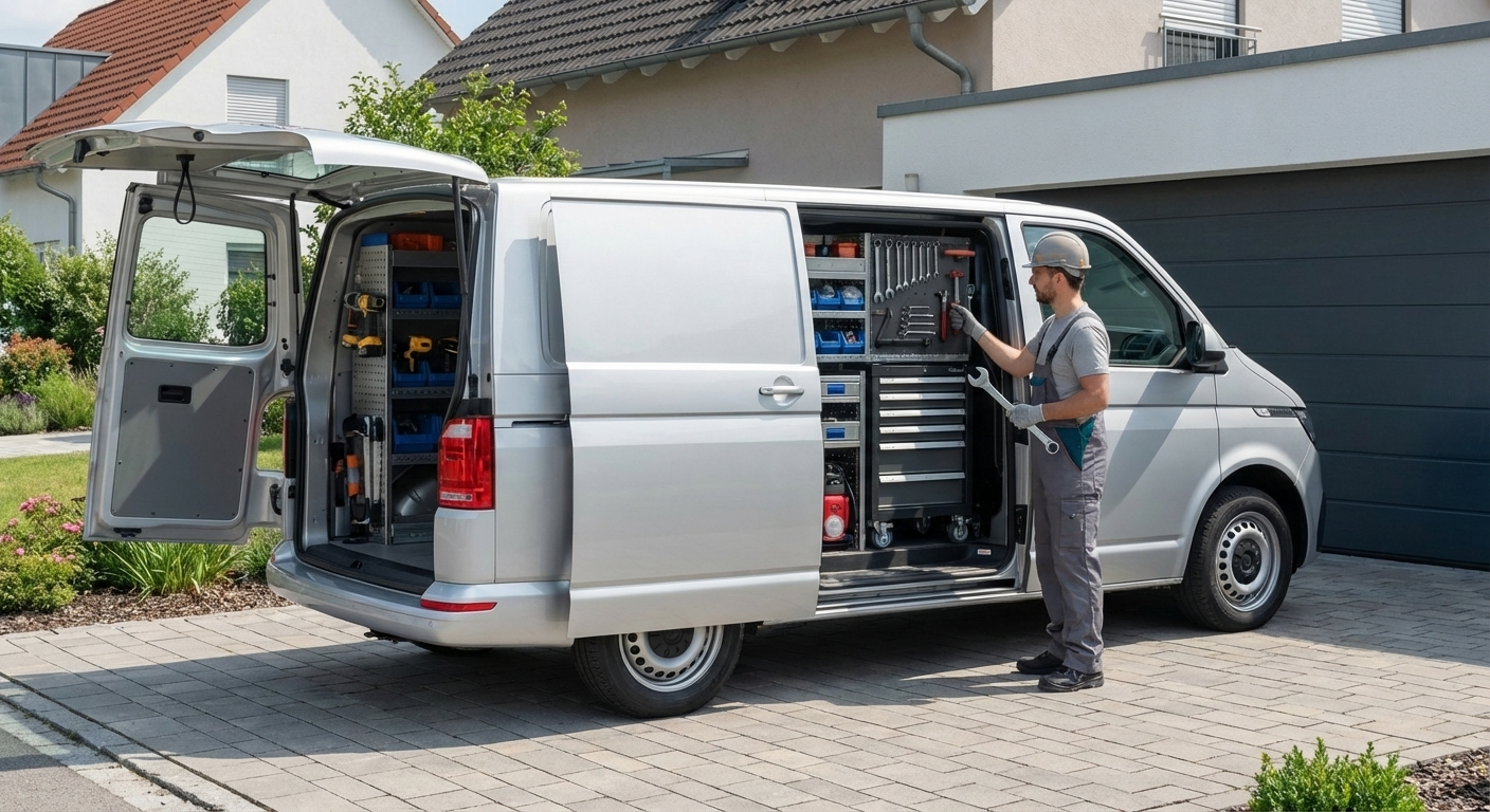 Monteur bij een bedrijfswagen met open laadruimte tijdens het werk.