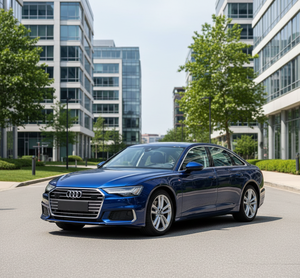 Moderne Audi zakelijke auto geparkeerd in een kantooromgeving, passend bij financial lease voor ondernemers.