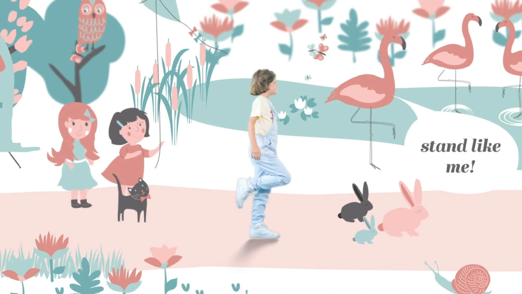 Young girl standing on one leg mimicking flamingos in a colorful illustrated garden with animals and children for Video Production of Play&Go.