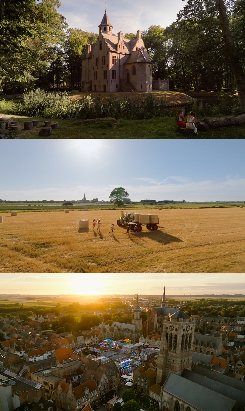 Collage of three images: historic castle surrounded by trees and a pond, children playing near hay bales and tractor in a sunny field, and aerial view of a town with old buildings and a sunset horizon.