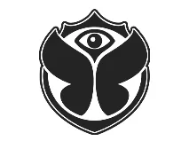 Black and white logo with a stylized eye above symmetrical butterfly wings inside a shield shape, The offical Tomorrowland brand logo.