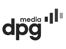 DPG media logo with stylized black text and ascending bar chart design.