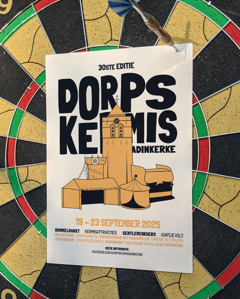 Flyer showcasing the 30th edition of Dorpskermis Adinkerke, highlighting the event's visual identity created by a creative agency in De Panne.