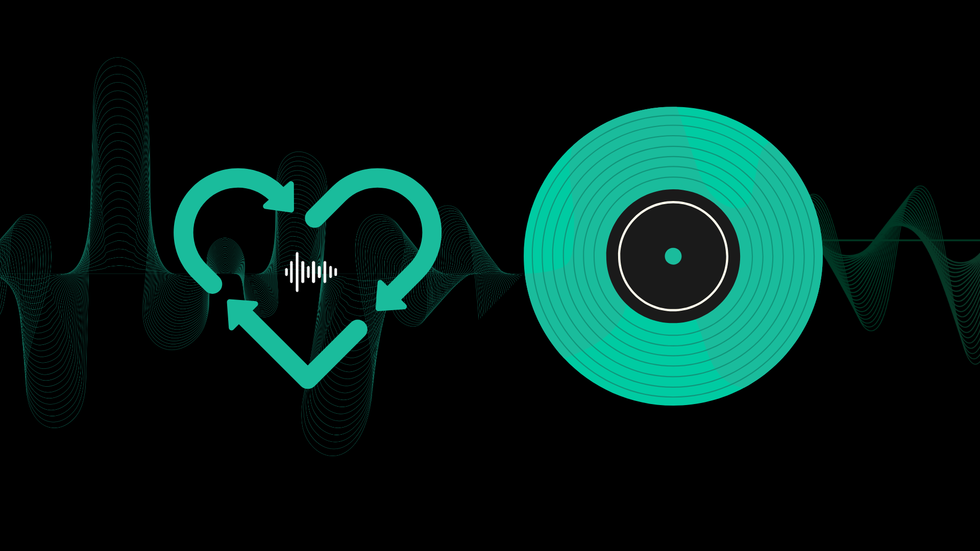 Grünes, herzförmiges Recycling-Symbol mit Schallwellen-Icon neben einer grünen Vinyl-Schallplatte auf schwarzem Hintergrund mit schwach sichtbaren Schallwellen.