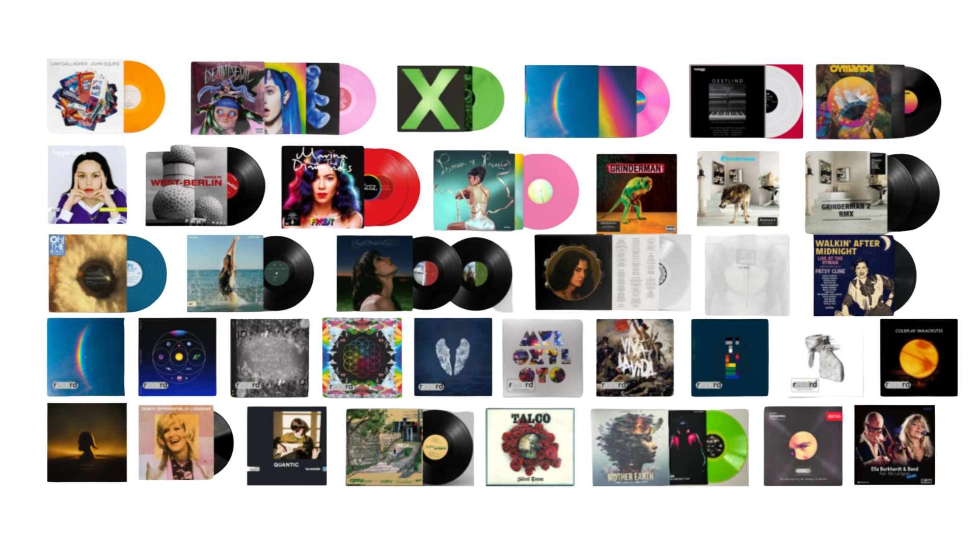 Eine vielfältige Sammlung von Vinyl-Schallplattenalben mit farbenfrohen und künstlerischen Covern, die in fünf Reihen angeordnet sind und verschiedene Musikrichtungen und Stilarten zeigen.