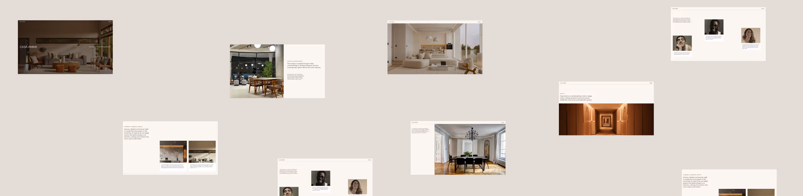 Overview of multiple interior design webpage layouts showing modern living spaces, dining areas, portraits, and text descriptions on a beige background.