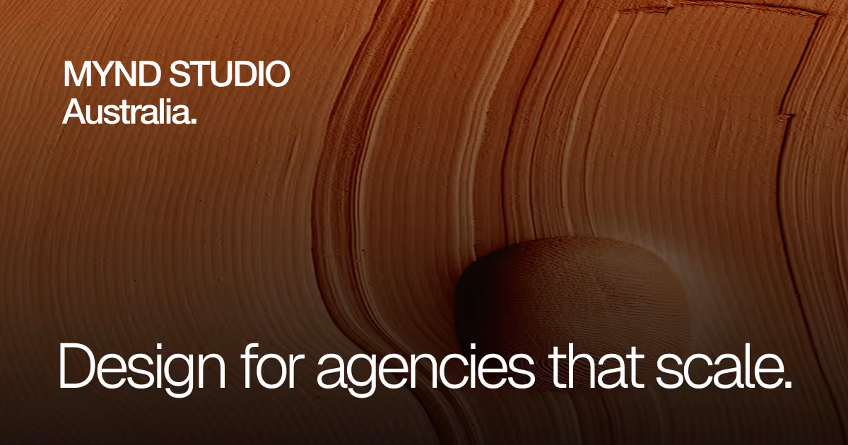 Text reading 'MYND STUDIO Australia. Design for agencies that scale.' over a textured brown circular wood grain background.