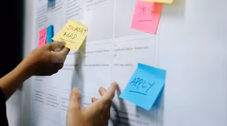 Person adding sticky notes to whiteboard for brainstorming