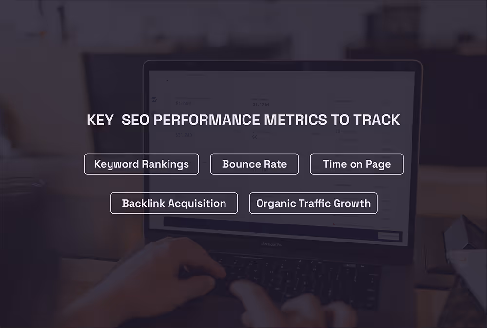 Key SEO performance metrics infographic on laptop screen
