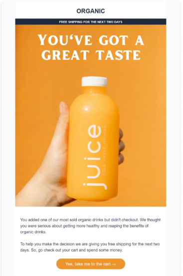 Organic juice offer with free shipping for two days