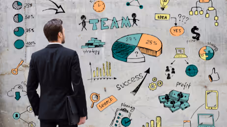 Businessman looking at a wall of team success charts