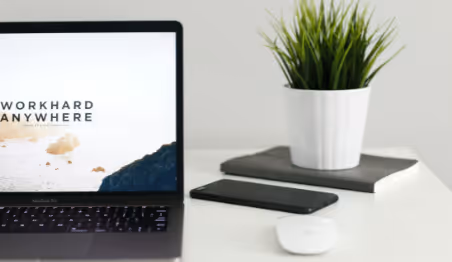 Laptop on desk with plant, phone, and mouse for remote work setup