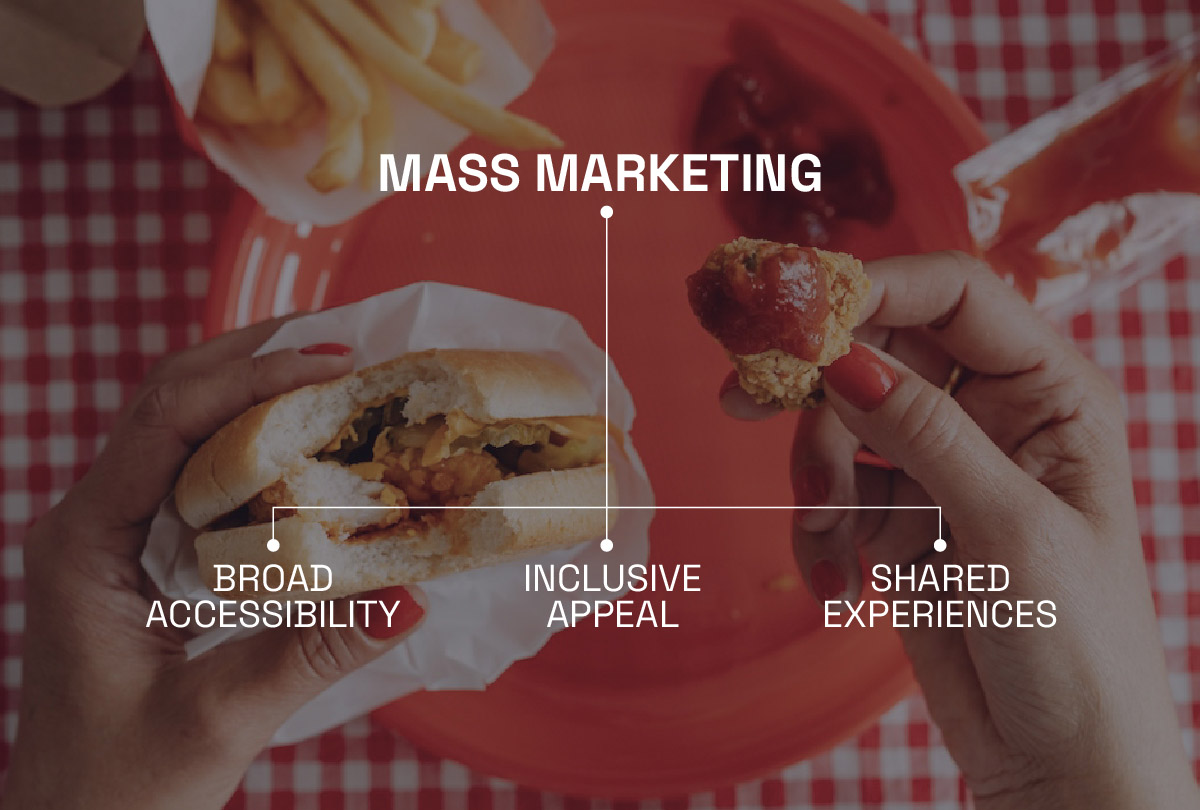 Mass marketing for broad accessibility and appeal