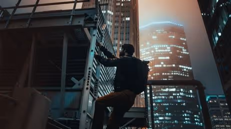 Person climbing building in city at night