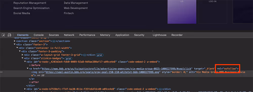 HTML element showing rel=nofollow attribute