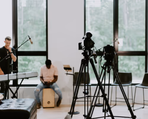 Musicians setting up for video recording session