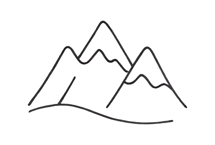 Ein einfaches, schwarz-weisses Icon mit drei Berggipfeln und einer geschwungenen Linie darunter.