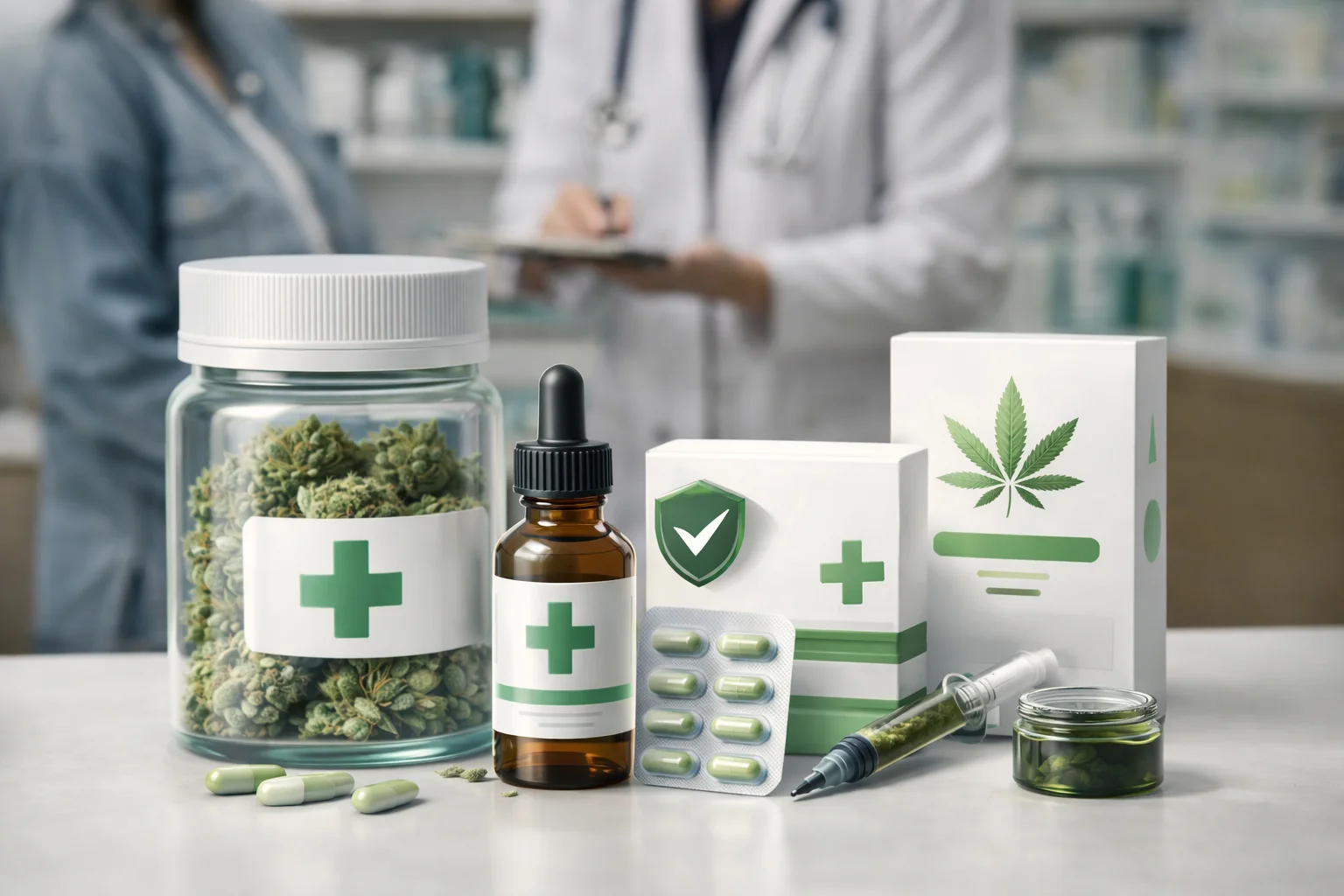 Verschiedene Produkte für medizinisches Cannabis wie Blüten, Extrakte und Kapseln in pharmazeutischer Umgebung