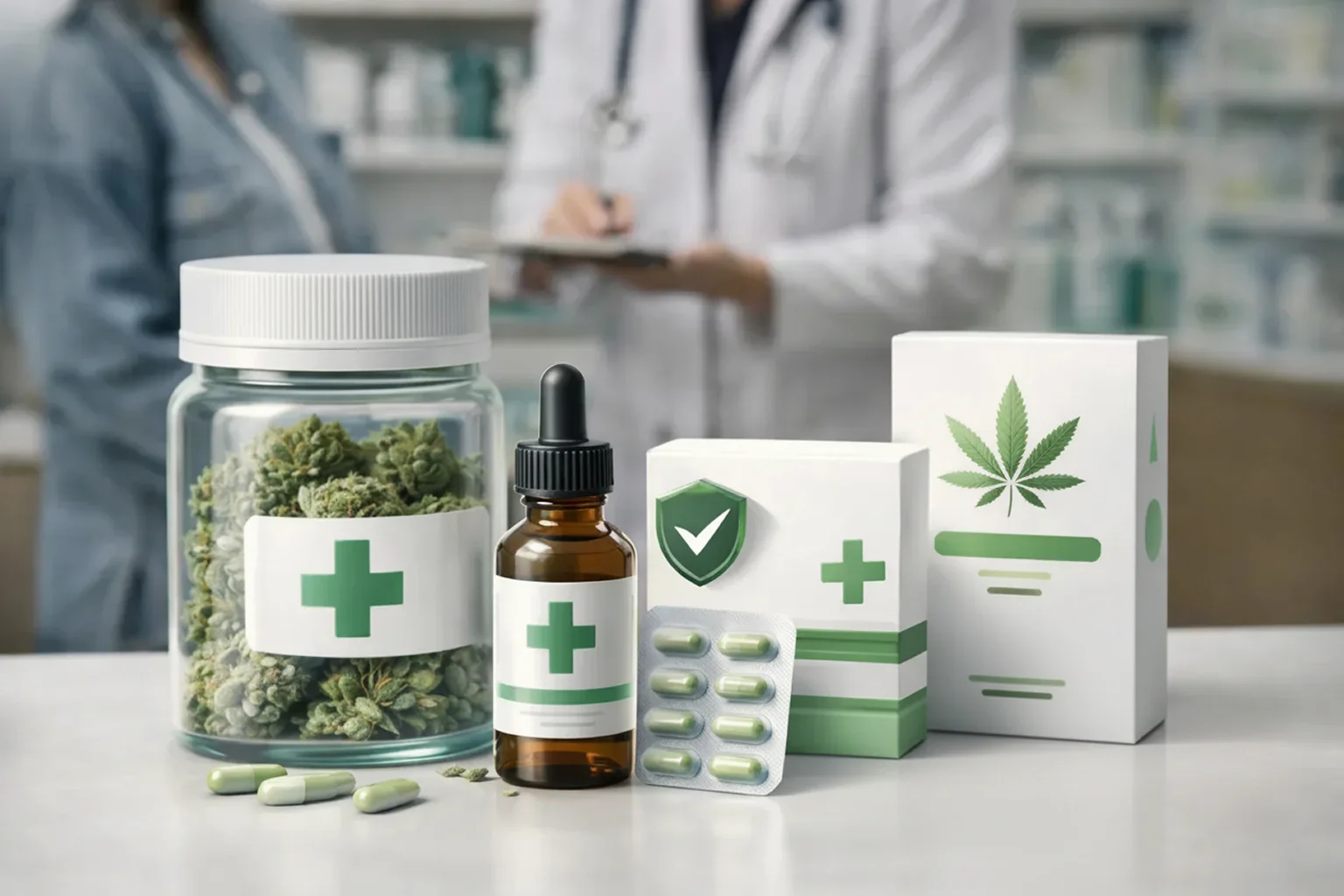 Verschiedene Produkte für medizinisches Cannabis wie Blüten, Extrakte und Kapseln in pharmazeutischer Umgebung
