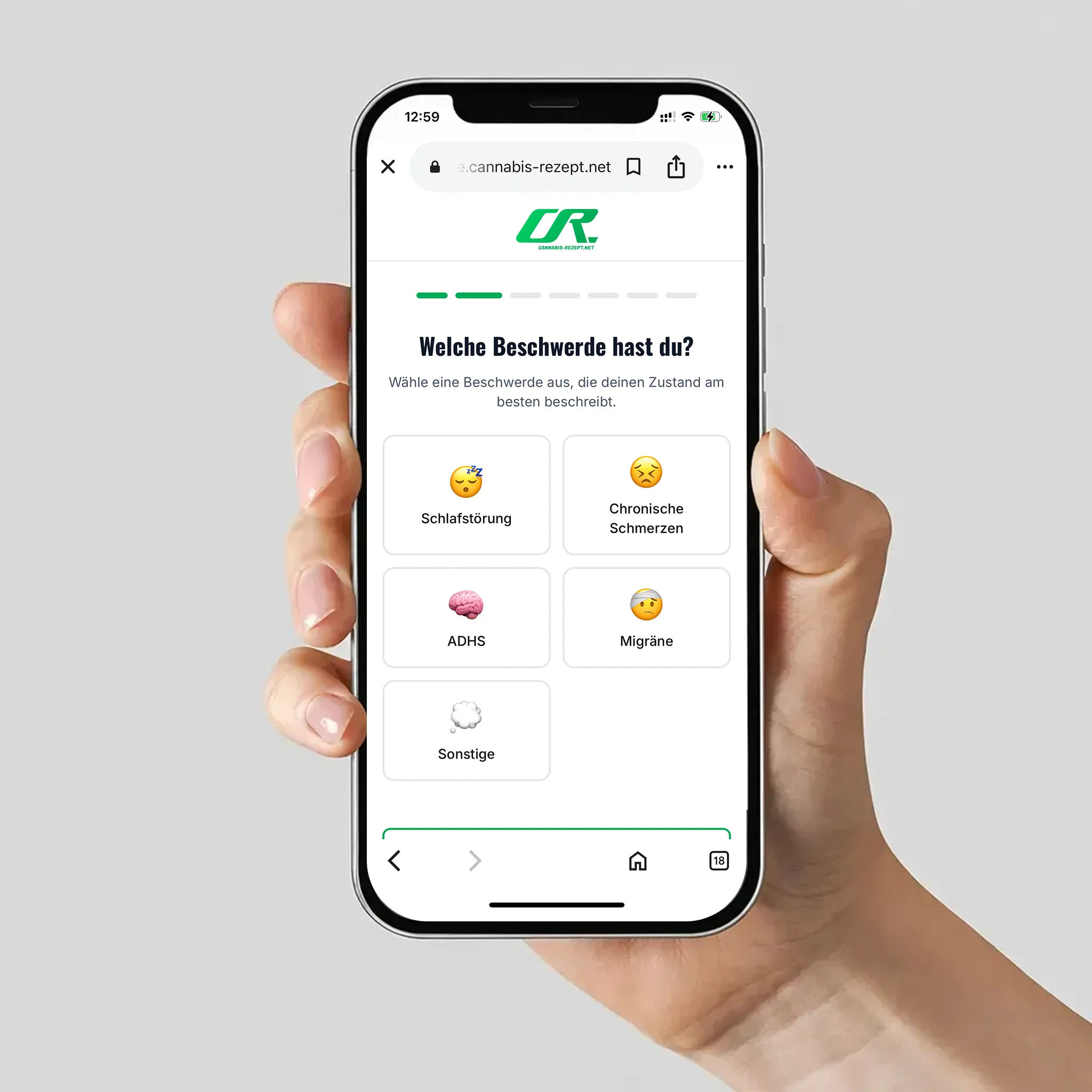 Online-Diagnose für ein Cannabis-Rezept auf dem Smartphone mit digitalem Versand und ärztlicher Prüfung