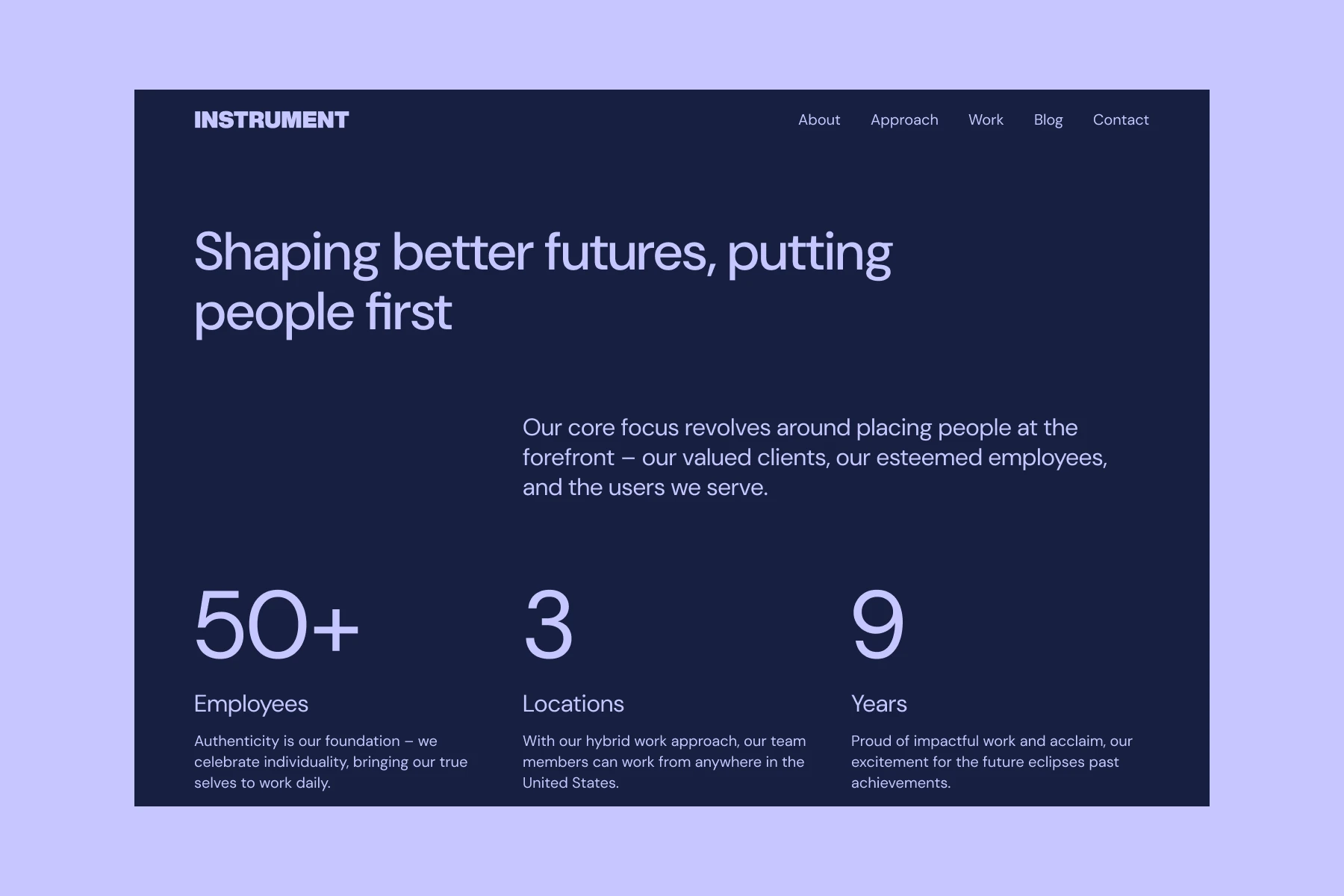 Website section with header 'Shaping better futures, putting people first' and stats showing 50+ employees, 3 locations, and 9 years with descriptions.