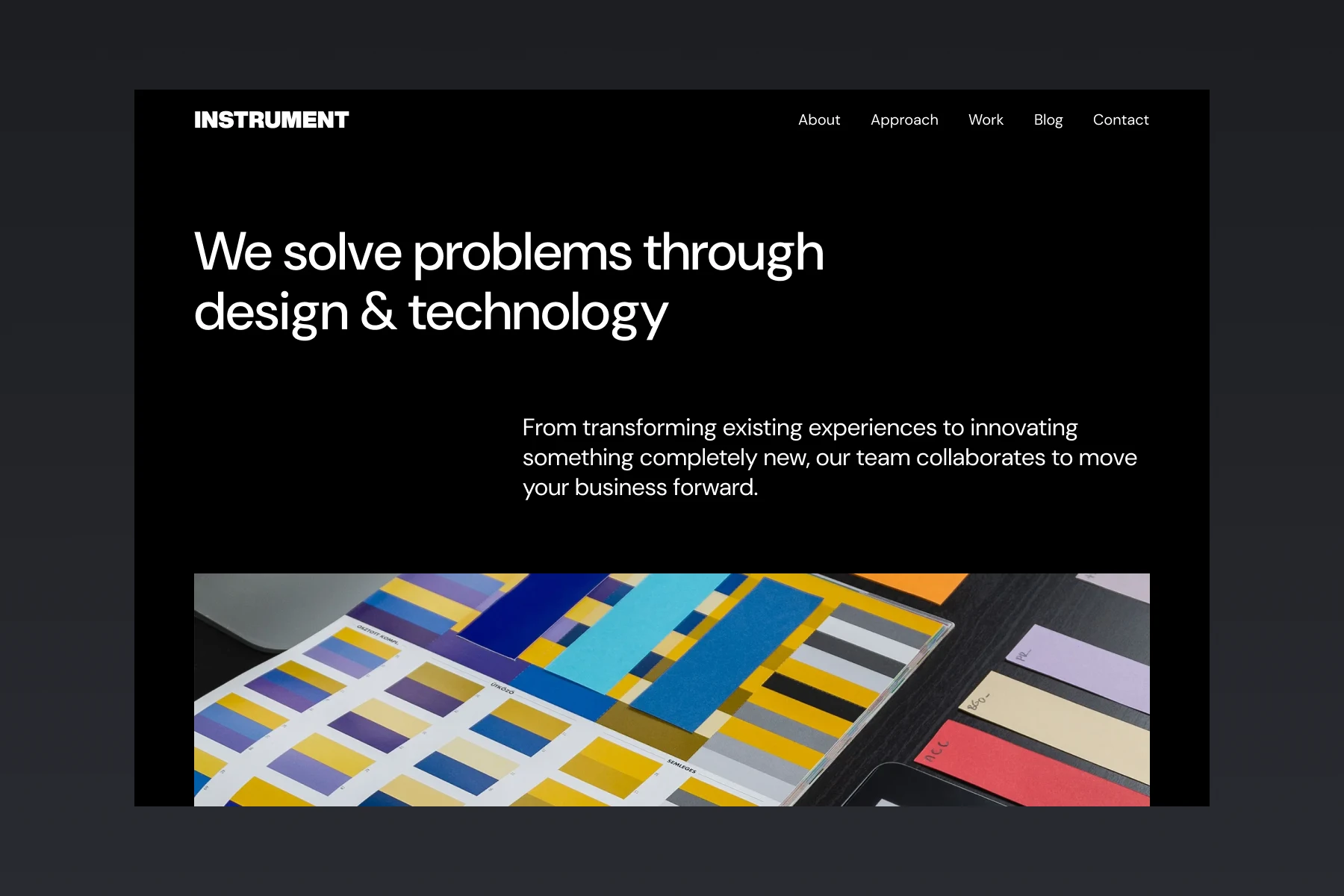 Website homepage for INSTRUMENT showing a mission statement about solving problems through design and technology with a colorful design swatch palette below.